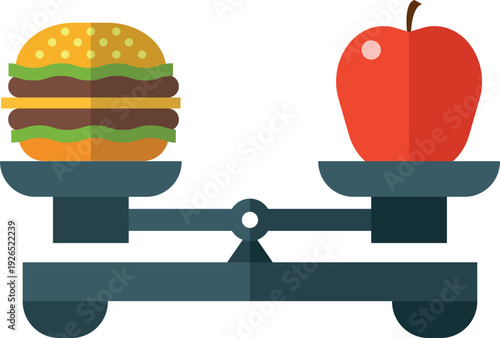 Healthy and unhealthy food choice. Balance scales with burger and apple