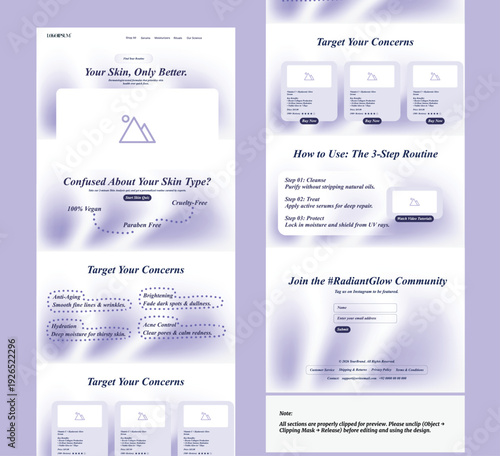 Skincare and Beauty Product Website Landing Page Design with Professional Purple UI Layout and Cosmetic Wellness Elements