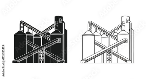 Industrial grain elevators and conveyor belts in a black and white design
