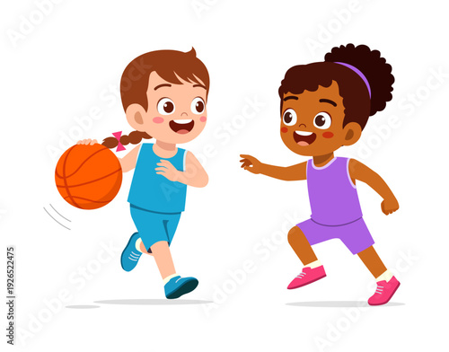 Two Happy Asian and African American Girls Smiling and Playing Basketball Dribbling and Running Joyfully
