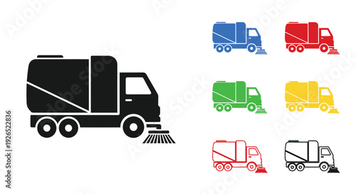 Street sweeper trucks in various colors depicted as simple vector icons