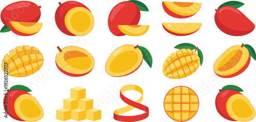 Mango Fruit Vector Set  Whole, Sliced, and Cubed Tropical Illustration