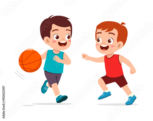 Two happy boys playing basketball smiling having fun together a joyful childhood moment