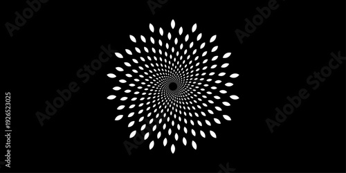 Abstract radial spiral geometric flower burst with hypnotic optical illusion symmetry black and white circular vortex pattern modern minimal vector background