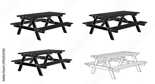 Black and white illustration of picnic tables in various styles