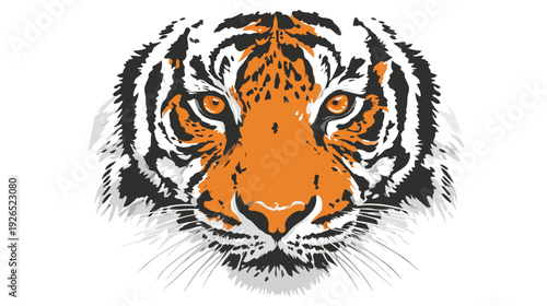 A stylized illustration of a tiger's face featuring orange, black, white, and grey color scheme