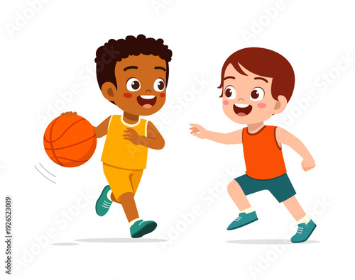 Happy diverse boys playing basketball with joyful expressions dribbling and running cheerfully