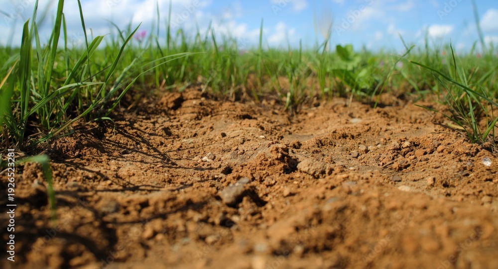 Naklejka premium Detailed view of soil texture with surrounding green grass in a natural setting