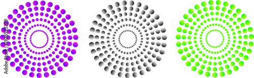 Abstract radial dotted pattern collection. Includes three variations of concentric circles formed by dots, with a central ring. Created in flat style with purple, black, and green color palettes.
