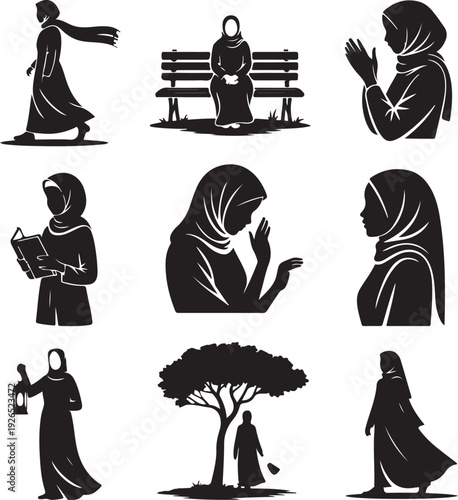 set of women in headscarves doing various activities