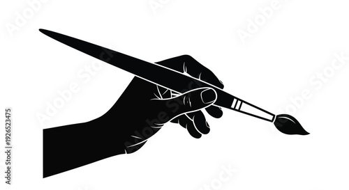 A black and white illustration of a hand holding a paintbrush