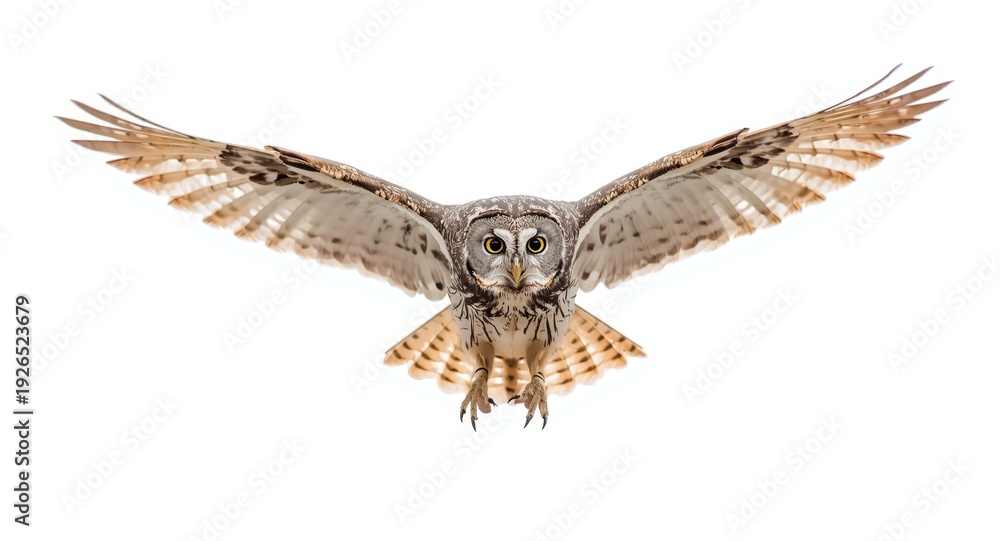 Fototapeta premium Owl wings extended in flight with a white background