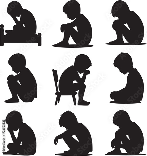 silhouette of children in various sad or contemplative poses