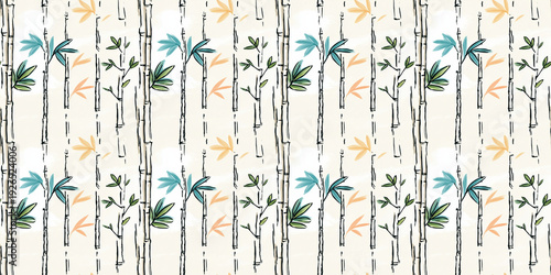 hand-drawn seamless bamboo pattern with artistic watercolor leaves and stalks, calm natural botanical background