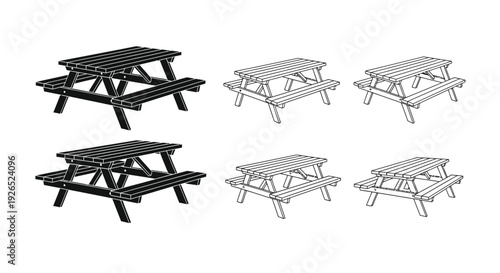 Six picnic tables in varying shades of gray presented as a set