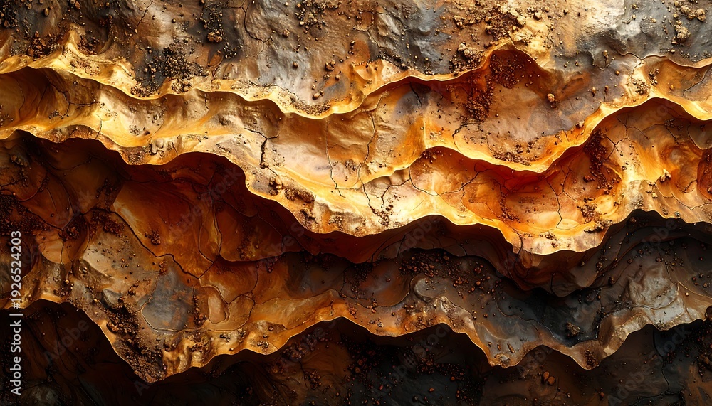 Obraz premium A layered geological cross-section featuring undulating, ochre, and tan-colored formations. The texture is rough and appears weathered