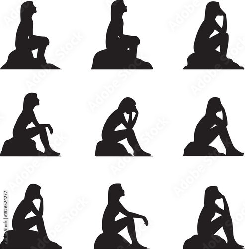 Silhouette of people sitting in various poses on a white background