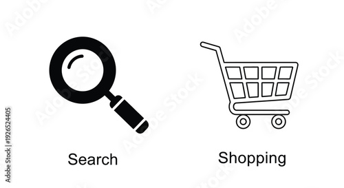 Black outline icons depicting a magnifying glass and a shopping cart