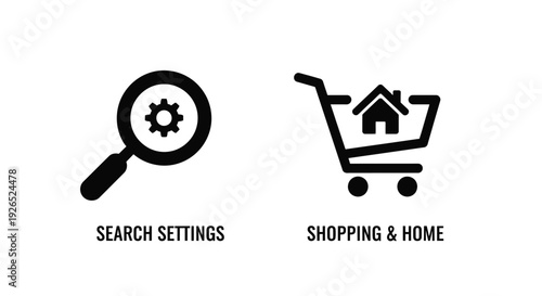 Black glyph icons representing search shopping and home concepts