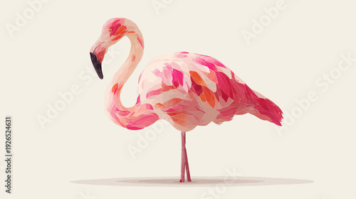 A vibrant illustration features a pink flamingo in side profile against a warm, neutral background