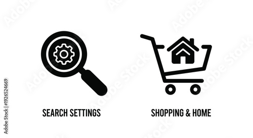Black icons representing search shopping and home concepts with text labels
