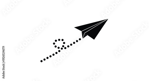 A simple black silhouette of a paper airplane in flight with a trail