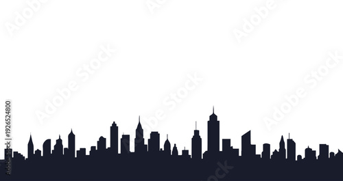 Modern city skyline silhouette with various skyscrapers and urban buildings isolated on white background, black architectural cityscape vector illustration.