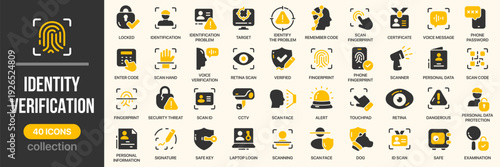 Identity verification fill icon collection. Includes fingerprint, face scan, retina, ID, password, and lock symbols. Created in colored style with yellow and dark gray palette