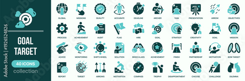 Goal and target fill icon collection. Includes mission, achievement, strategy, motivation, deadline, and target symbols. Created in colored style with turquoise palette