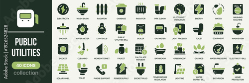 Public utilities fill icon collection. Includes electricity, water, gas meter, radiator, boiler, and socket symbols. Created in colored style with green palette