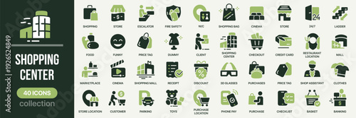 Shopping center fill icon collection. Includes shopping bag, cart, checkout, store, discount, and purchase symbols. Created in colored style with green palette