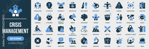 Crisis management fill icon collection. Includes warning, danger, strategy, protection, emergency, and problem symbols. Created in colored style with blue palette