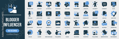 Blogger and influencer fill icon collection. Includes content, video, followers, promotion, communication, and credibility symbols. Created in colored style with blue palette