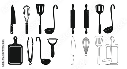 Black and white illustration of various kitchen utensils arranged in rows