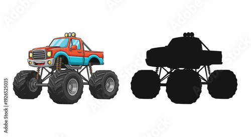 Colorful monster truck illustration alongside its black silhouette version