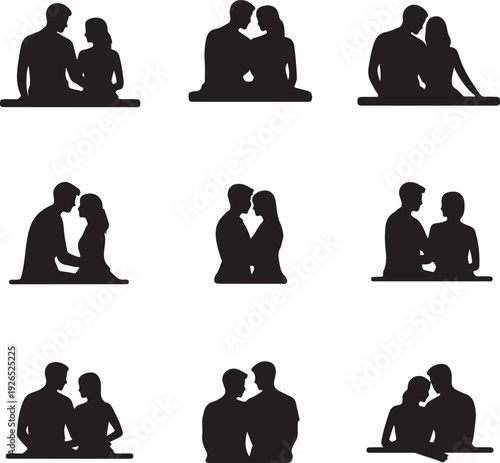 Silhouette of couples sitting and kissing each other in various romantic poses