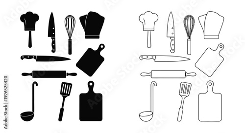 Black and white line drawings of cooking tools and chef hats