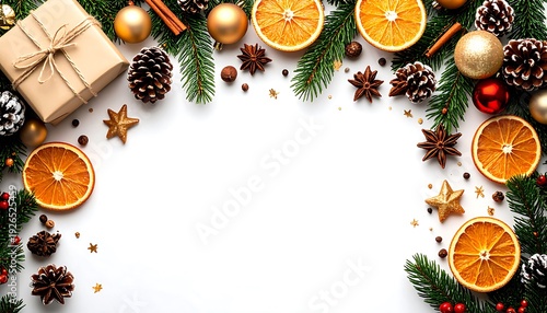 Festive flat lay, decorated with ornaments, dried oranges, pine cones, and greenery. A present sits in the upper left