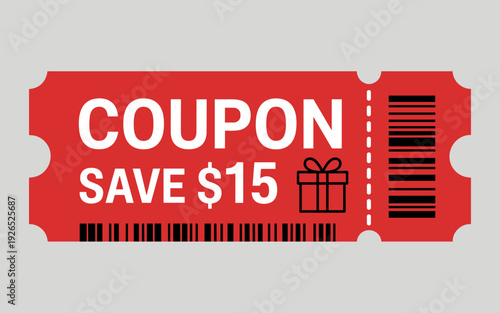 A vibrant red coupon, featuring 'SAVE $15' and a gift icon, offers an exciting discount, brightly designed on a neutral background.