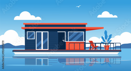 Serene Houseboat with Orange Roof on Calm Blue Water, Vector Illustration of a Peaceful Lake Scene with Mountains in the Background