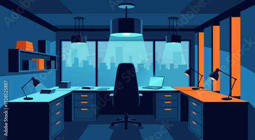 Modern Productive Office Workspace Vector Illustration with Dark Blue Desk, Multiple Lighting, Urban Cityscape View in Organized Environment