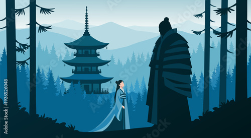 Serene Woman in Blue Dress and Man in Striped Robe Standing on Hilltop with Distant Pagoda in Mystical Blue Mountains Vector Illustration