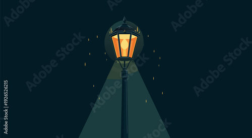 Stylized Vector Illustration of Glowing Streetlamp in Dark Mystery Setting with Yellow Celestial Glow