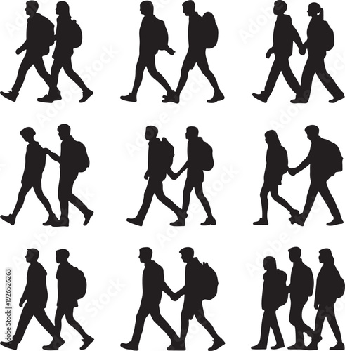 silhouette of people walking in various poses together holding hands