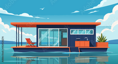 Tranquil Modern Floating House with Orange Roof and Planter Box on Calm Lake in Vector Illustration