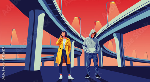 Vector Illustration of Two People on a Bridge Against a Vibrant Red Sky in Stylized Cartoon Style
