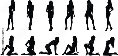 PrintHuman silhouette poses collection, standing and kneeling posture illustration, body outline vector artwork, gesture design graphics, expressive movement reference icons