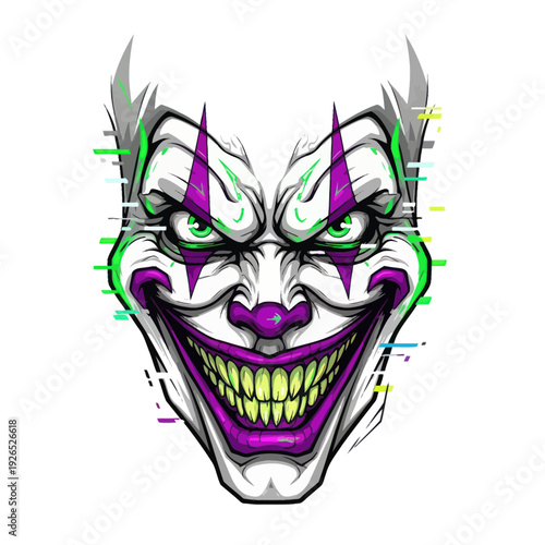 Scary Evil Clown Face with Glitch Effect, Horror Character Illustration
