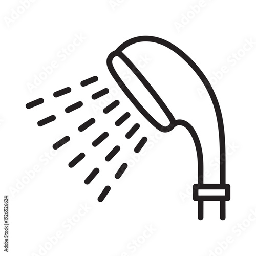 A simple black and white line drawing of a showerhead with water droplets
