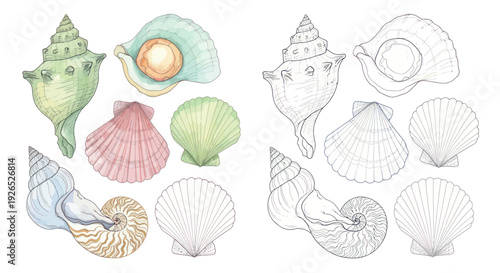Watercolor Seashells and Line Art, Marine Life Collection